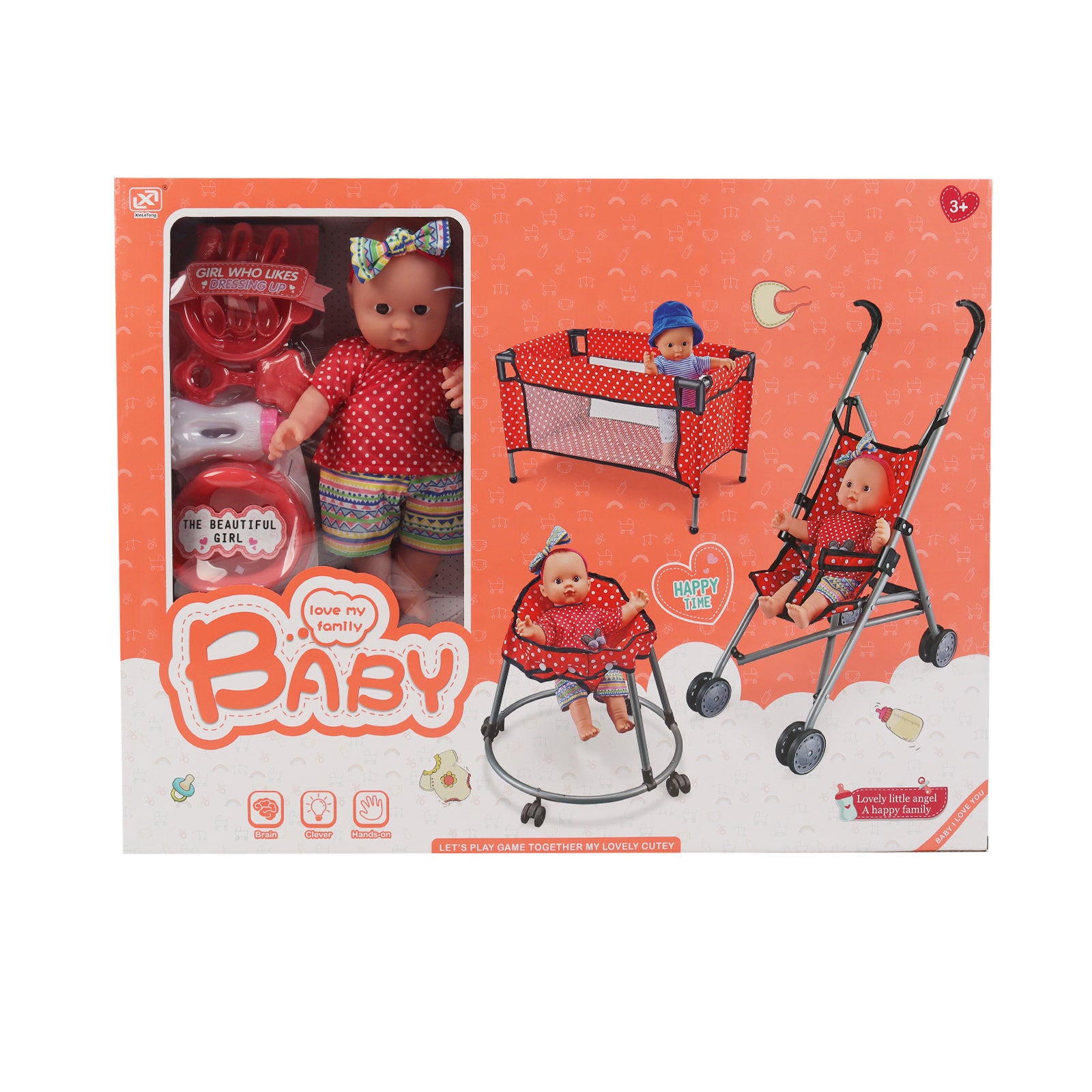 Baby Doll Set Toy Push Stroller Walker Infant Crib Nurturing Pretend Playset Red