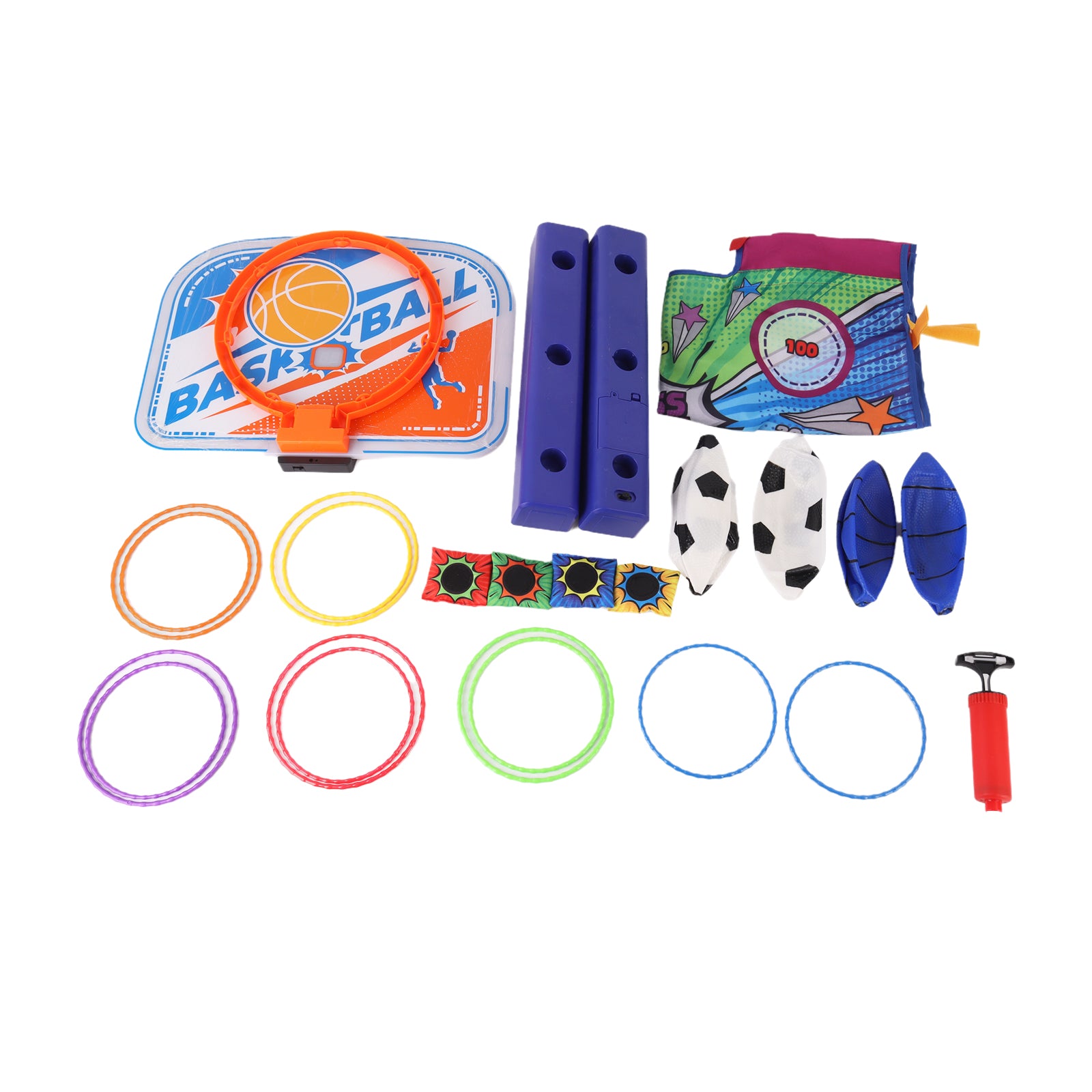 4-in-1 Kids Throwing Game Set – Basketball Hoop, Bean Bag Toss & Football Fun