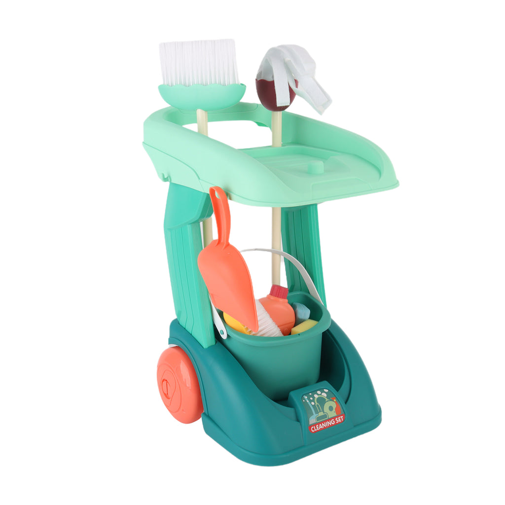 Cleaning Housework Pretend Trolley & Vacuum Toy Mop Brushes Two Play Sets Green