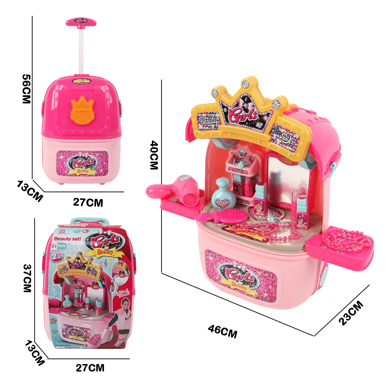Girls 2in1 Table Vanity Mirror Portable Rolling Case Set Pretend Play Toy Pink