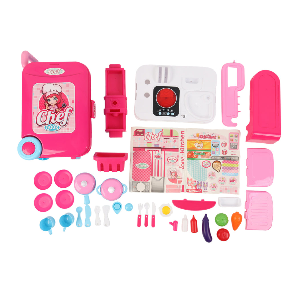 3-in-1 Kids Pretend Kitchen Cooking Toy Portable Storage Suitcase Role Play