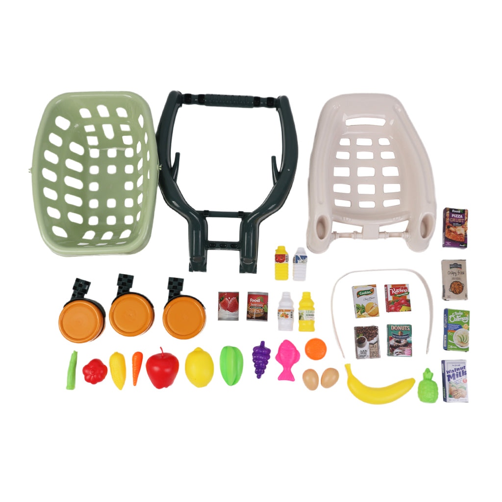 Kids Supermarket Grocery Cart Trolley Pretend Toy Set With Products 35 Pcs Green