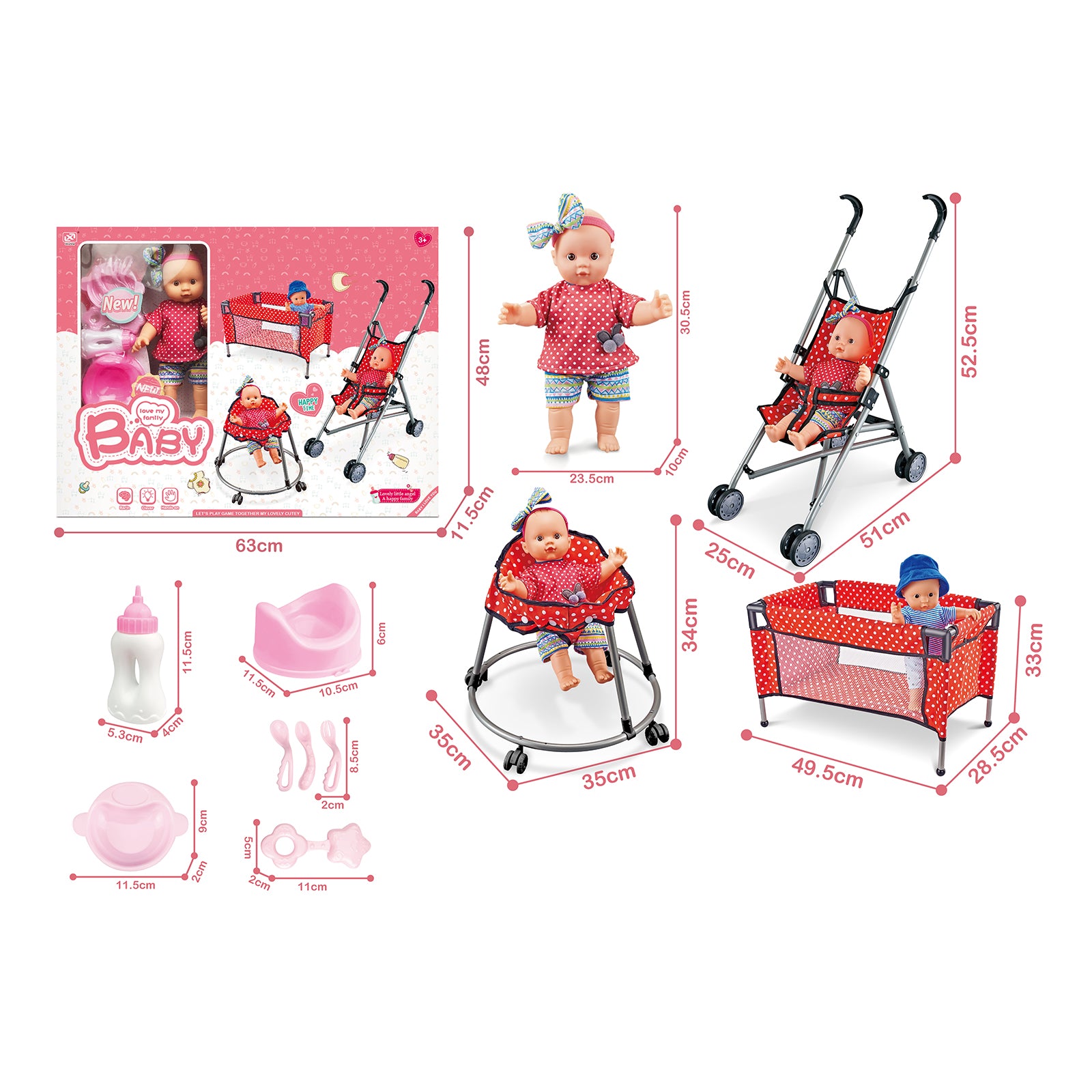 Baby Doll Set Toy Push Stroller Walker Infant Crib Nurturing Pretend Playset Red