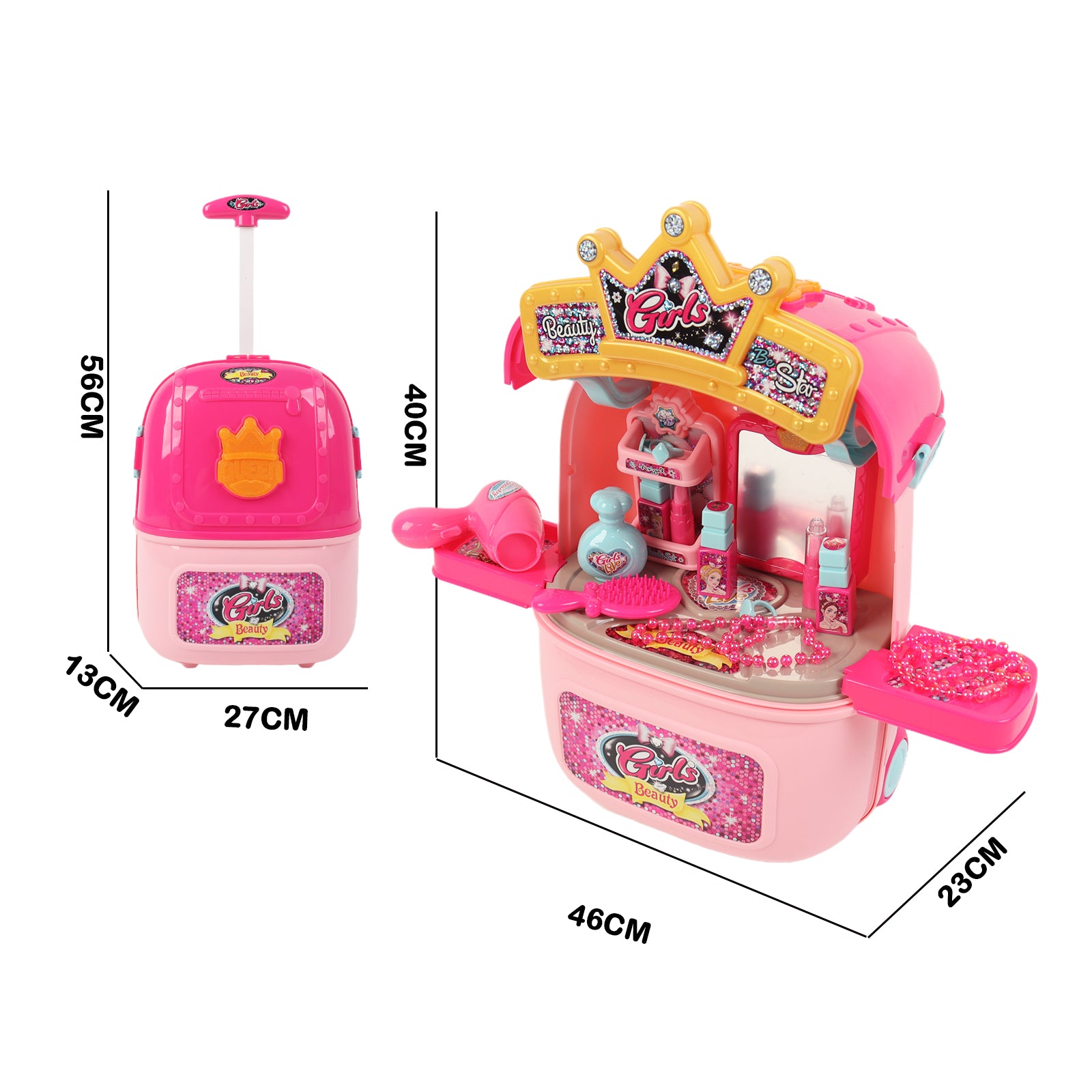 Girls 2in1 Table Vanity Mirror Portable Rolling Case Set Pretend Play Toy Pink