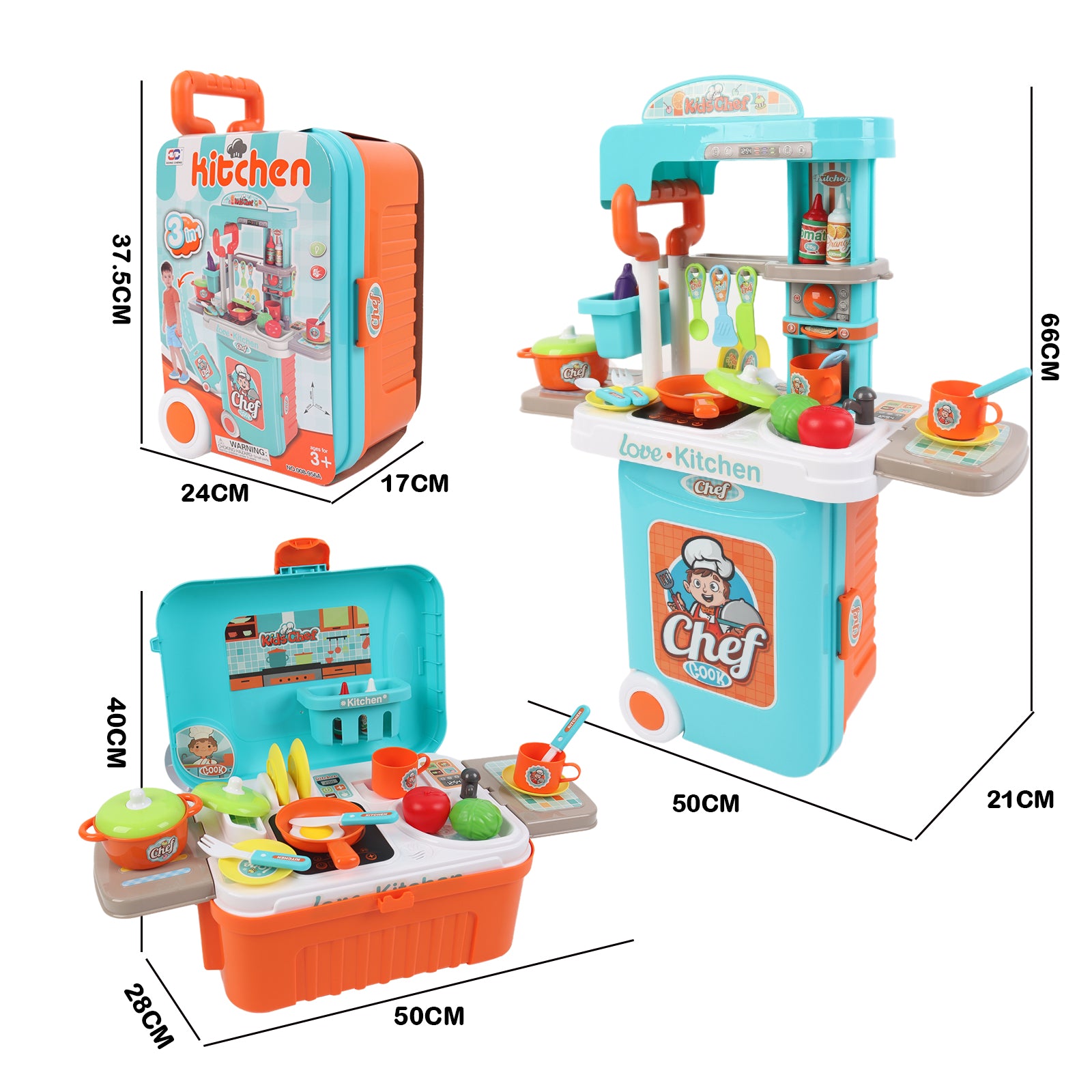 3-in-1 Kids Pretend Kitchen Cooking Toy Portable Storage Suitcase Role Play