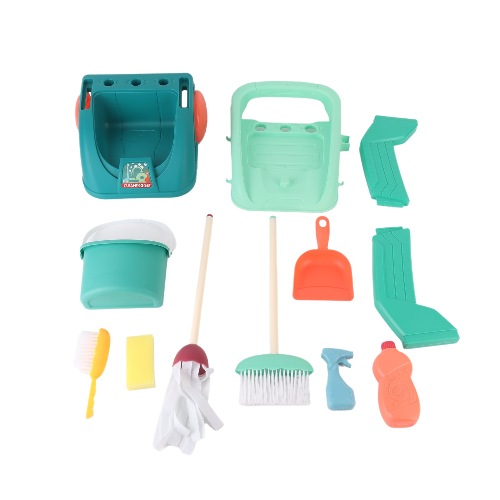 Cleaning Housework Pretend Trolley & Vacuum Toy Mop Brushes Two Play Sets Green