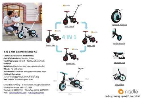 Balance Bike 4-in-1 Parent Push Handle Trike, 4-1 Easy Assemble Foldable (Yellow)