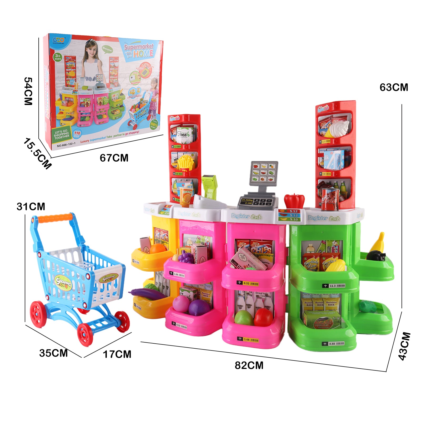 Supermarket Shop Counter Toy Pretend Play Set Trolley Cart Food Lights & Sound