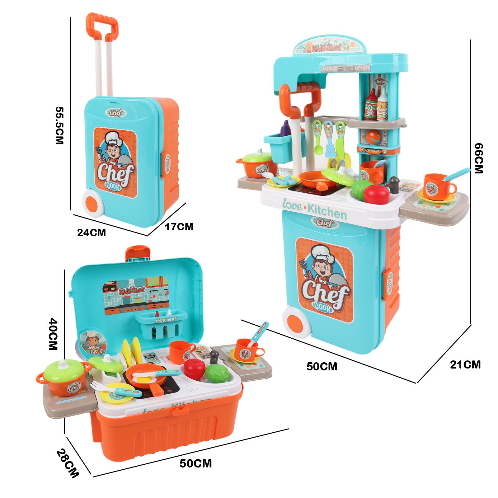 3-in-1 Kids Pretend Kitchen Cooking Toy Portable Storage Suitcase Role Play