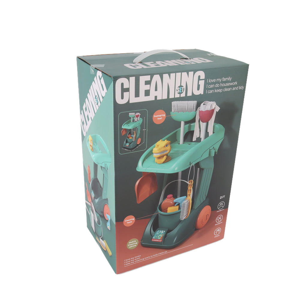Cleaning Housework Pretend Trolley & Vacuum Toy Mop Brushes Two Play Sets Green