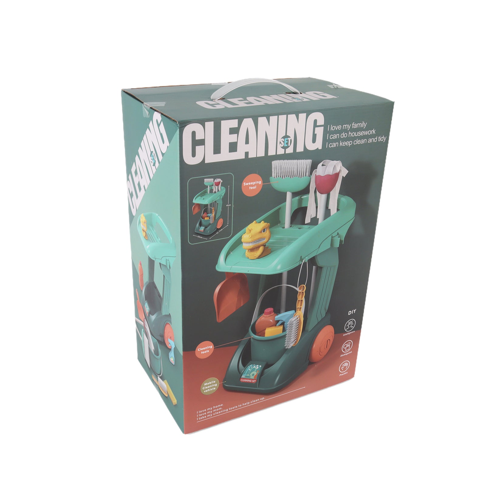 Cleaning Housework Pretend Trolley & Vacuum Toy Mop Brushes Two Play Sets Green