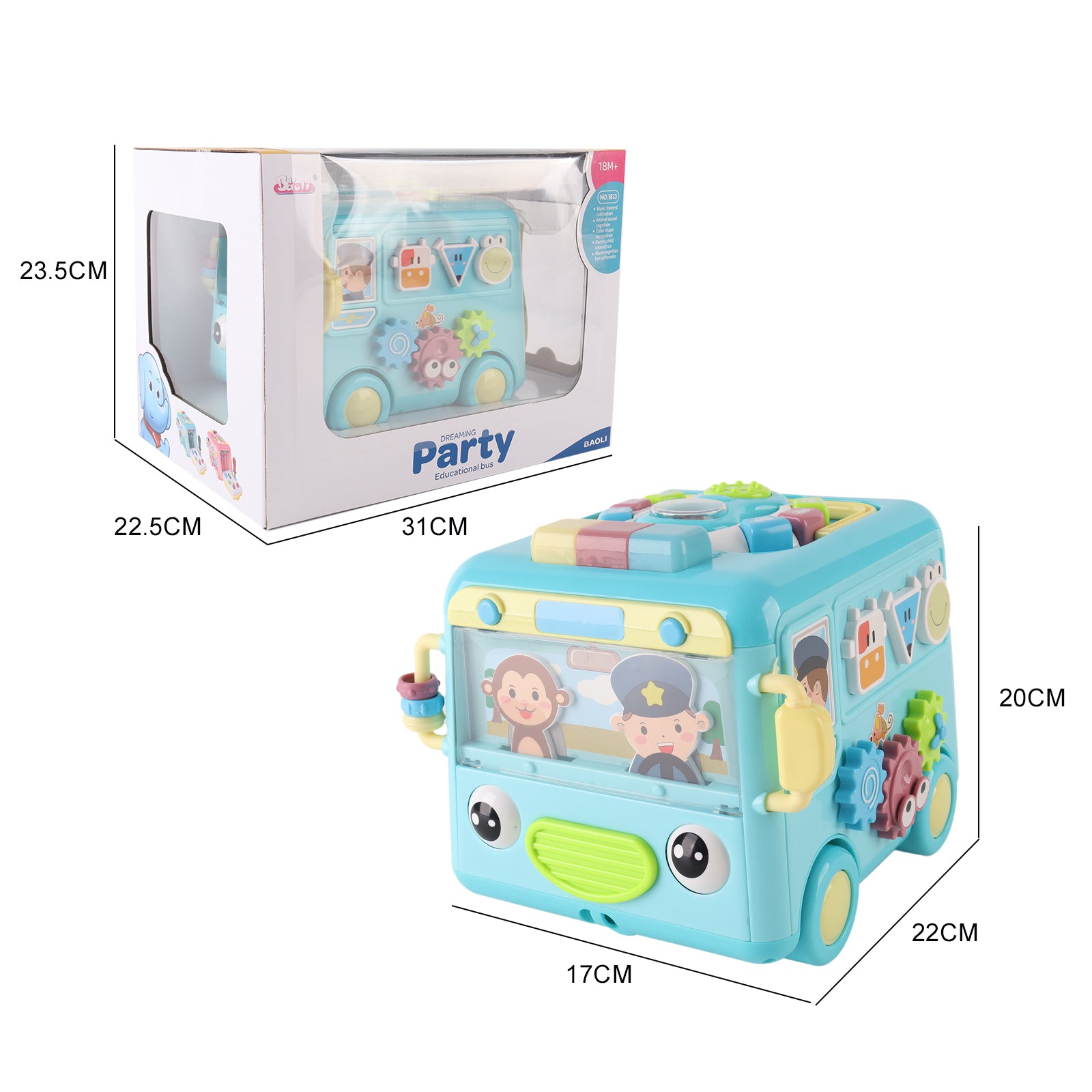 Kids Sensory Multifunction Bus Toy with Music Interactive Learning Toy Blue