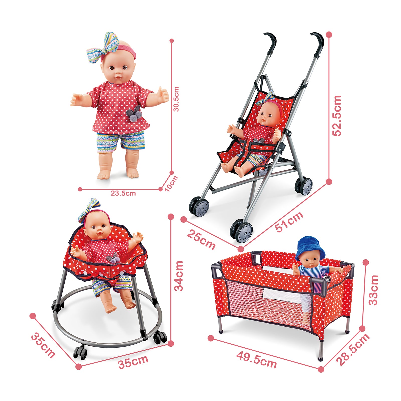 Baby Doll Set Toy Push Stroller Walker Infant Crib Nurturing Pretend Playset Red