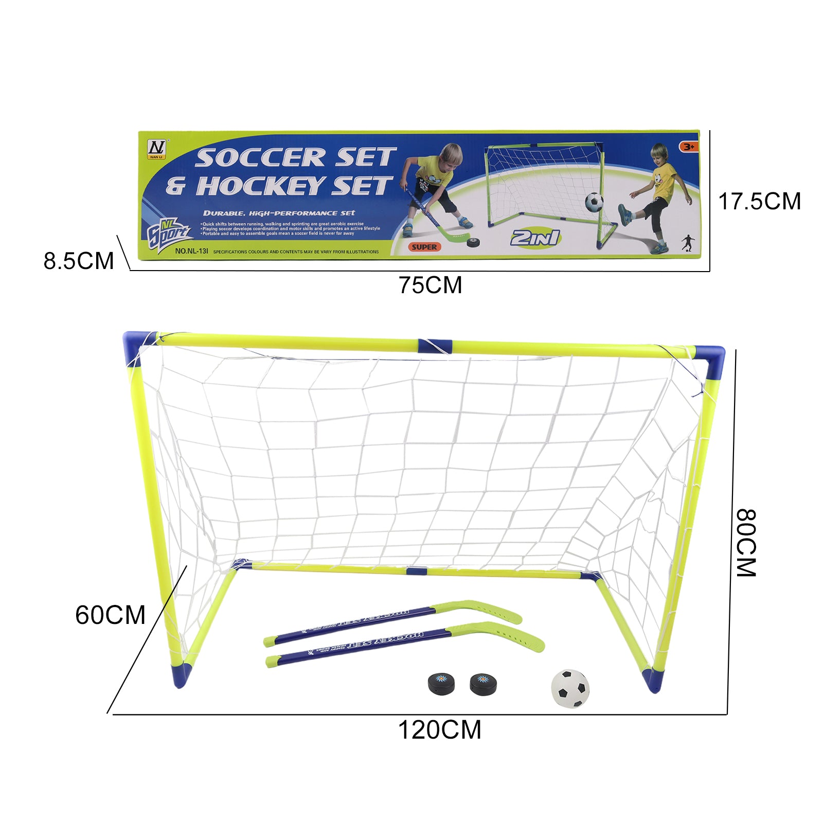 2 in 1 Football & Hockey Kids Goal Net Folding Set Ball Pucks Outdoor