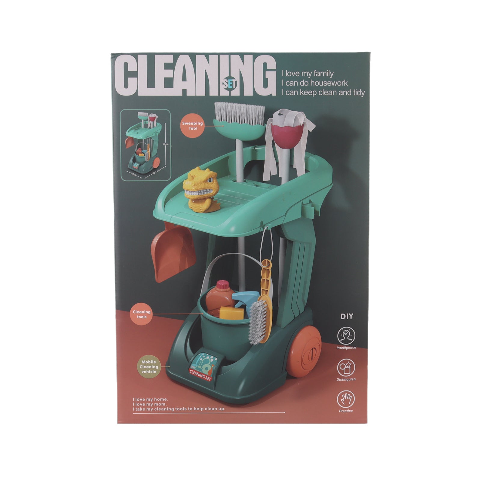 Cleaning Housework Pretend Trolley & Vacuum Toy Mop Brushes Two Play Sets Green