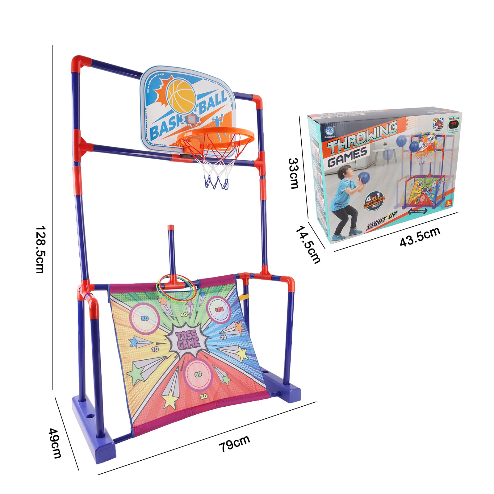 4-in-1 Kids Throwing Game Set – Basketball Hoop, Bean Bag Toss & Football Fun