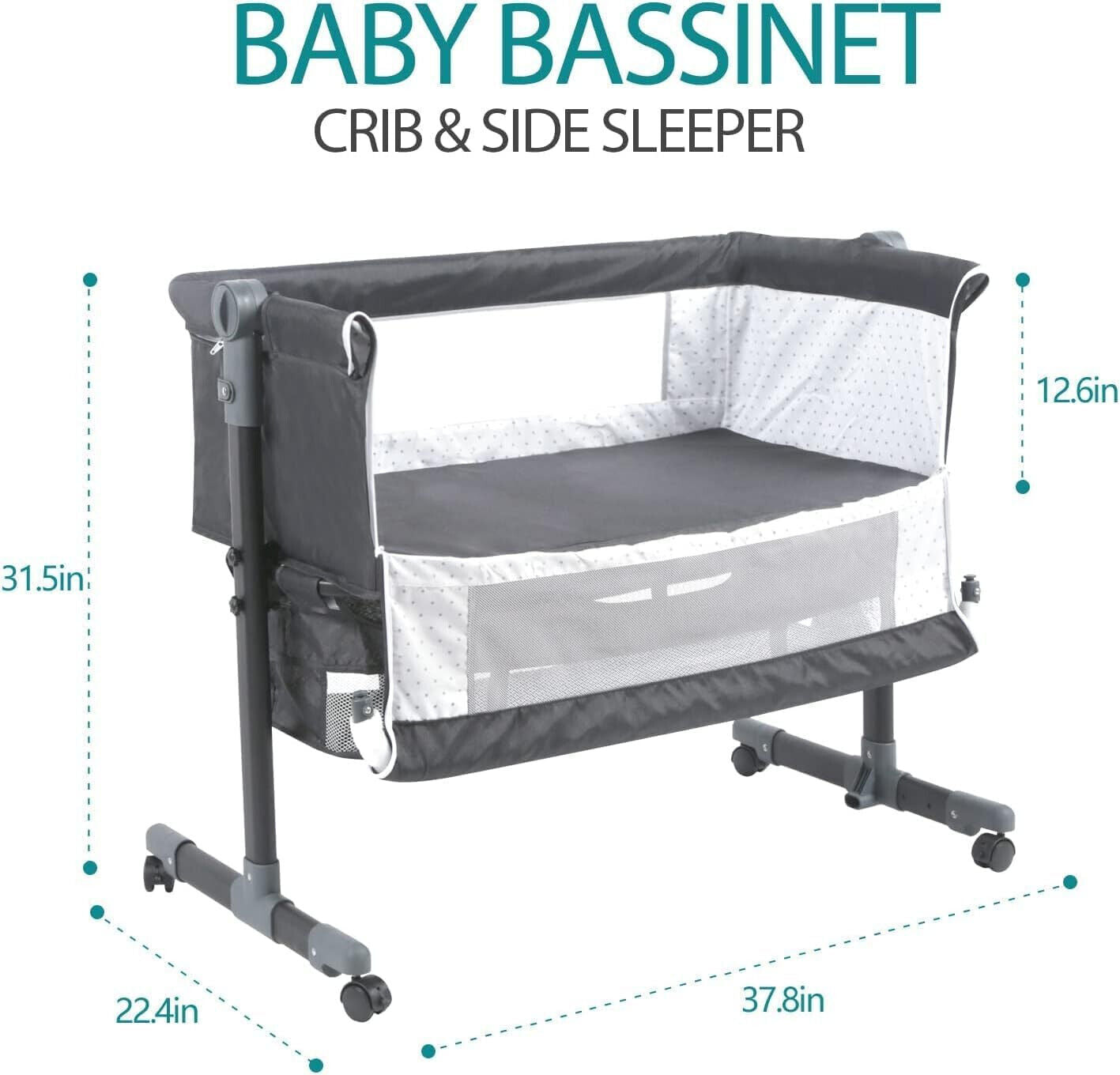 Bedside Crib for Baby Bassinet Sleeper with Wheels, Height Adjustable Tilts