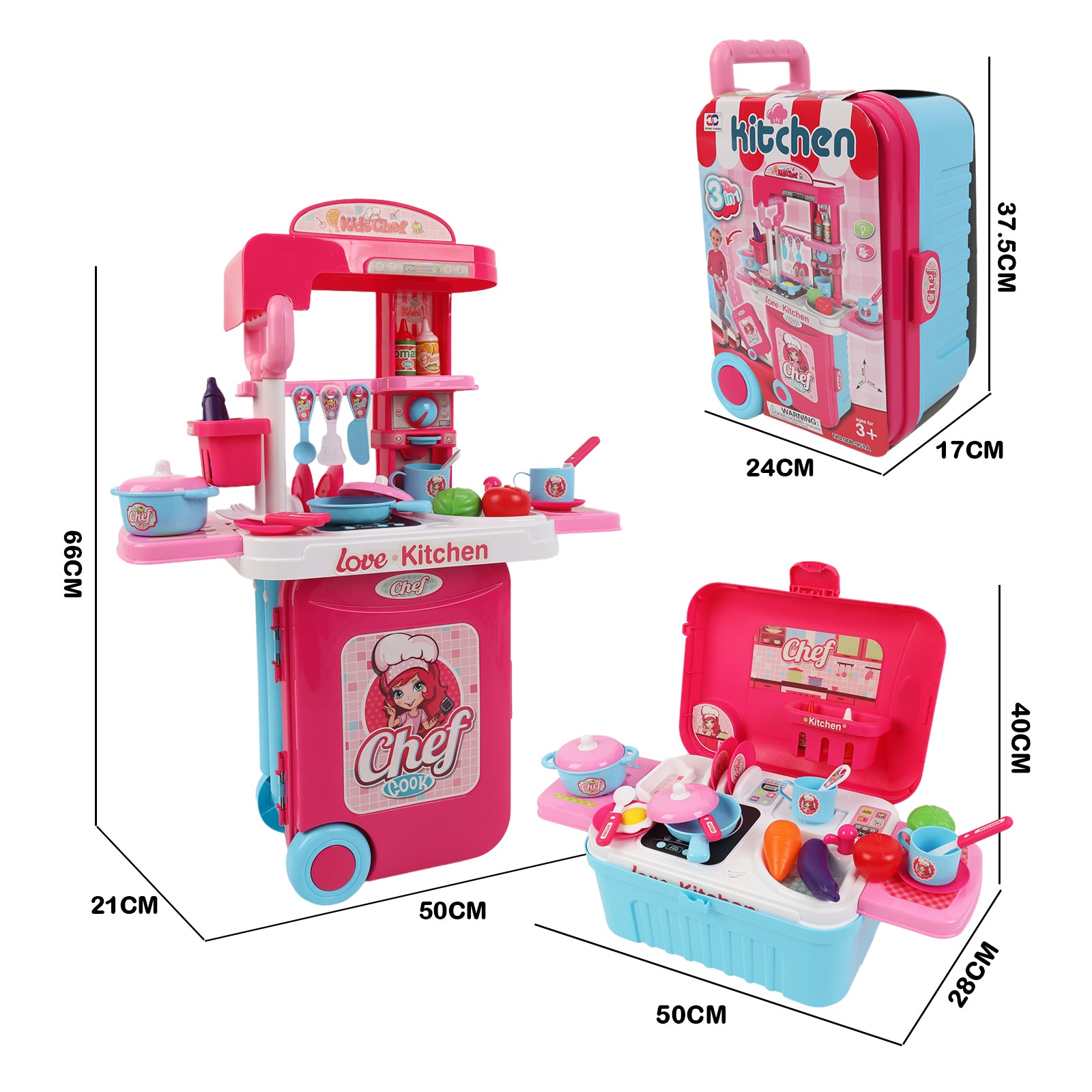 3-in-1 Kids Pretend Kitchen Cooking Toy Portable Storage Suitcase Role Play