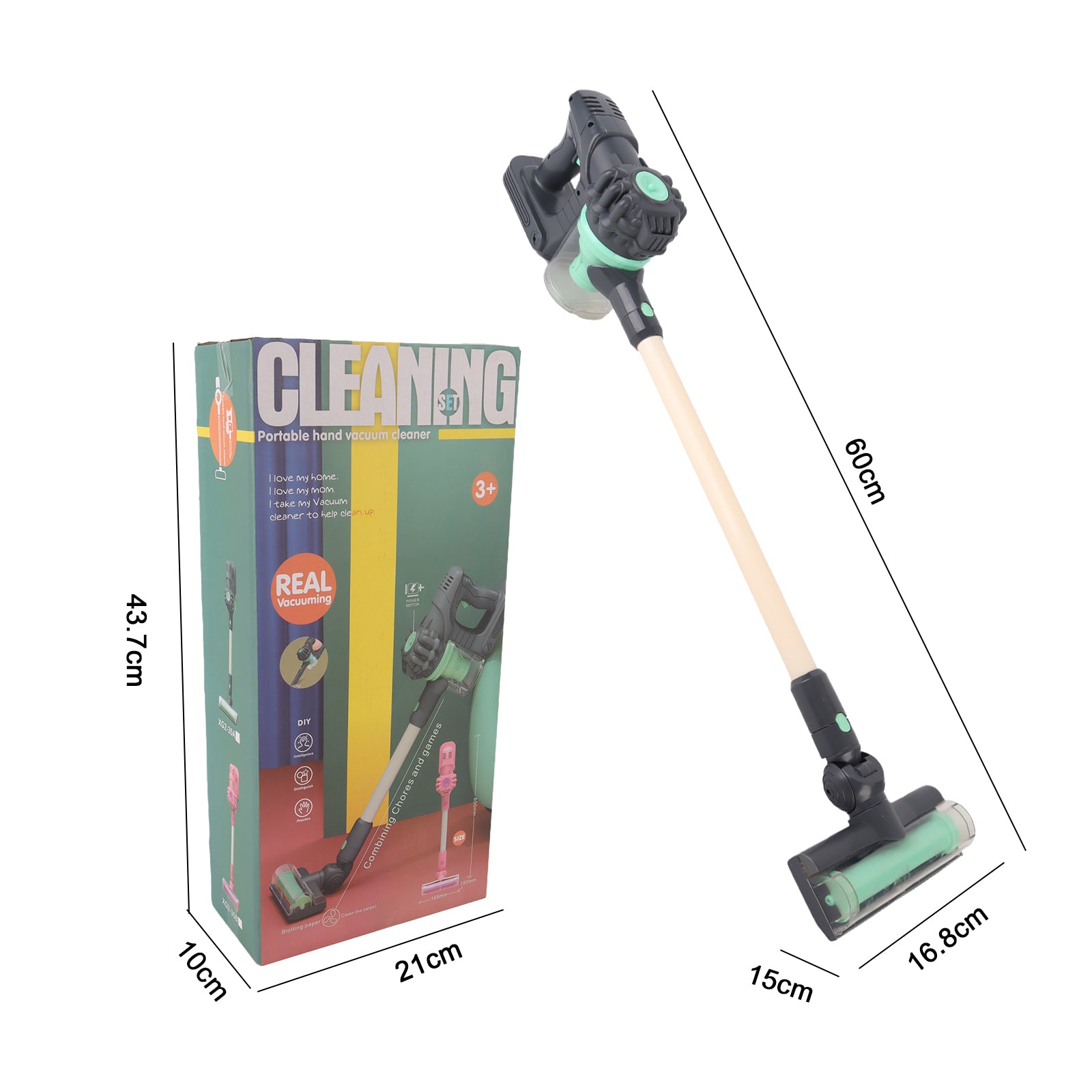 Cleaning Housework Pretend Trolley & Vacuum Toy Mop Brushes Two Play Sets Green
