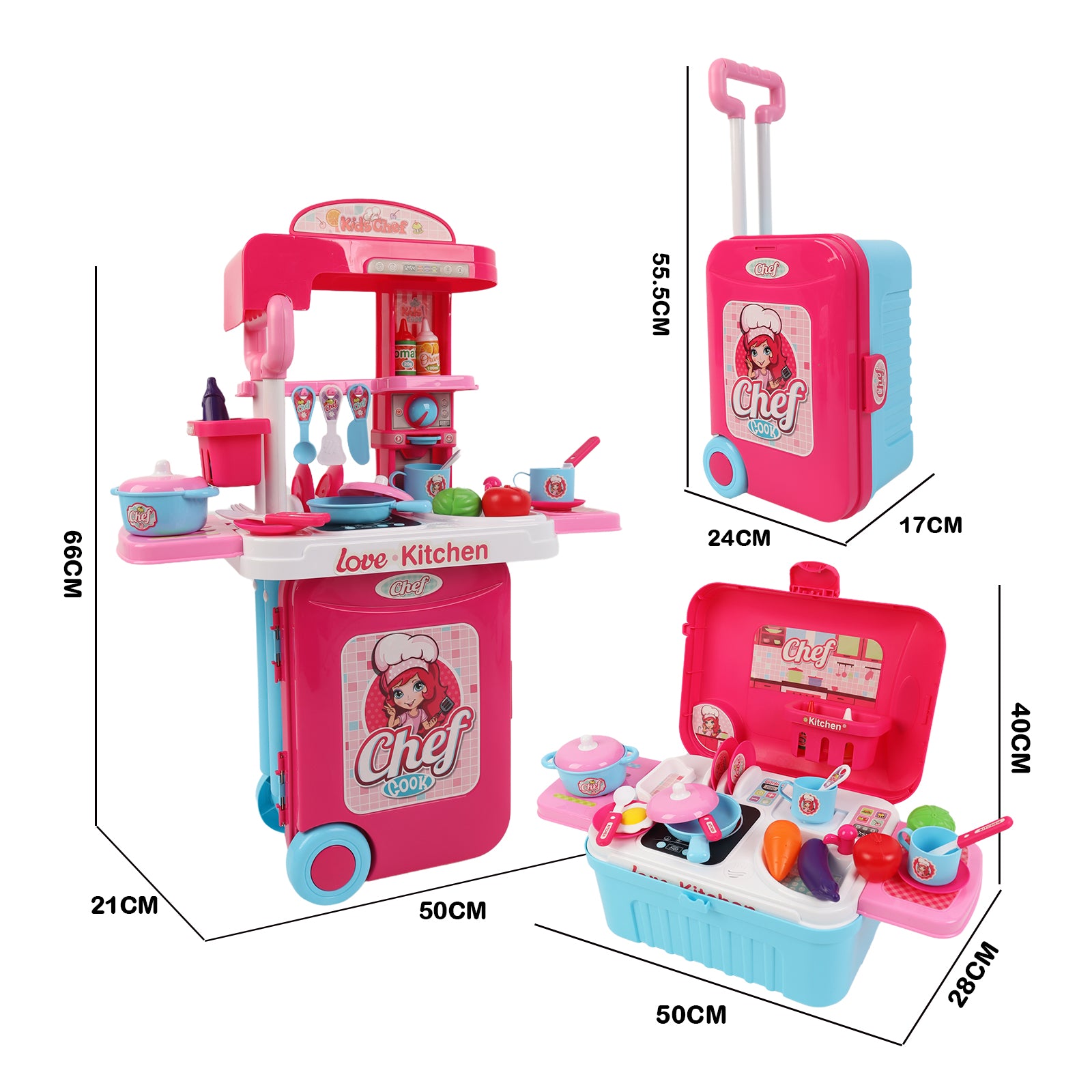 3-in-1 Kids Pretend Kitchen Cooking Toy Portable Storage Suitcase Role Play
