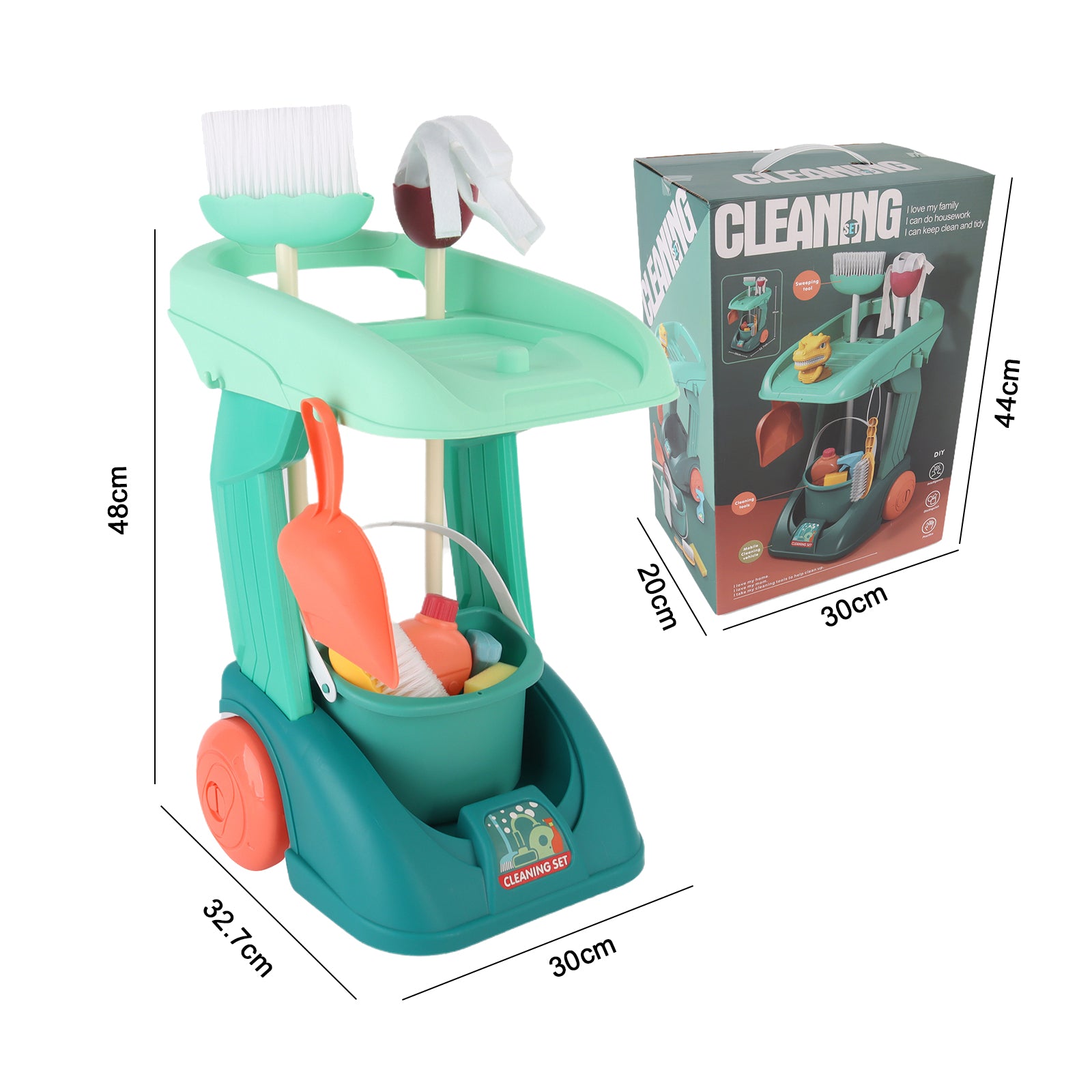 Cleaning Housework Pretend Trolley & Vacuum Toy Mop Brushes Two Play Sets Green