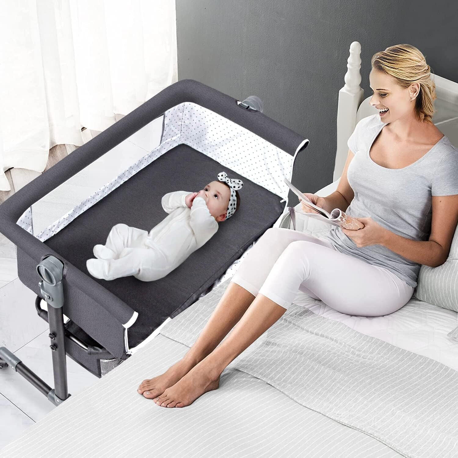 Bedside Crib for Baby Bassinet Sleeper with Wheels, Height Adjustable Tilts