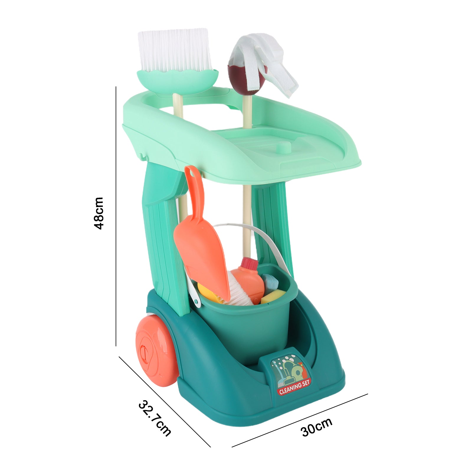 Cleaning Housework Pretend Trolley & Vacuum Toy Mop Brushes Two Play Sets Green