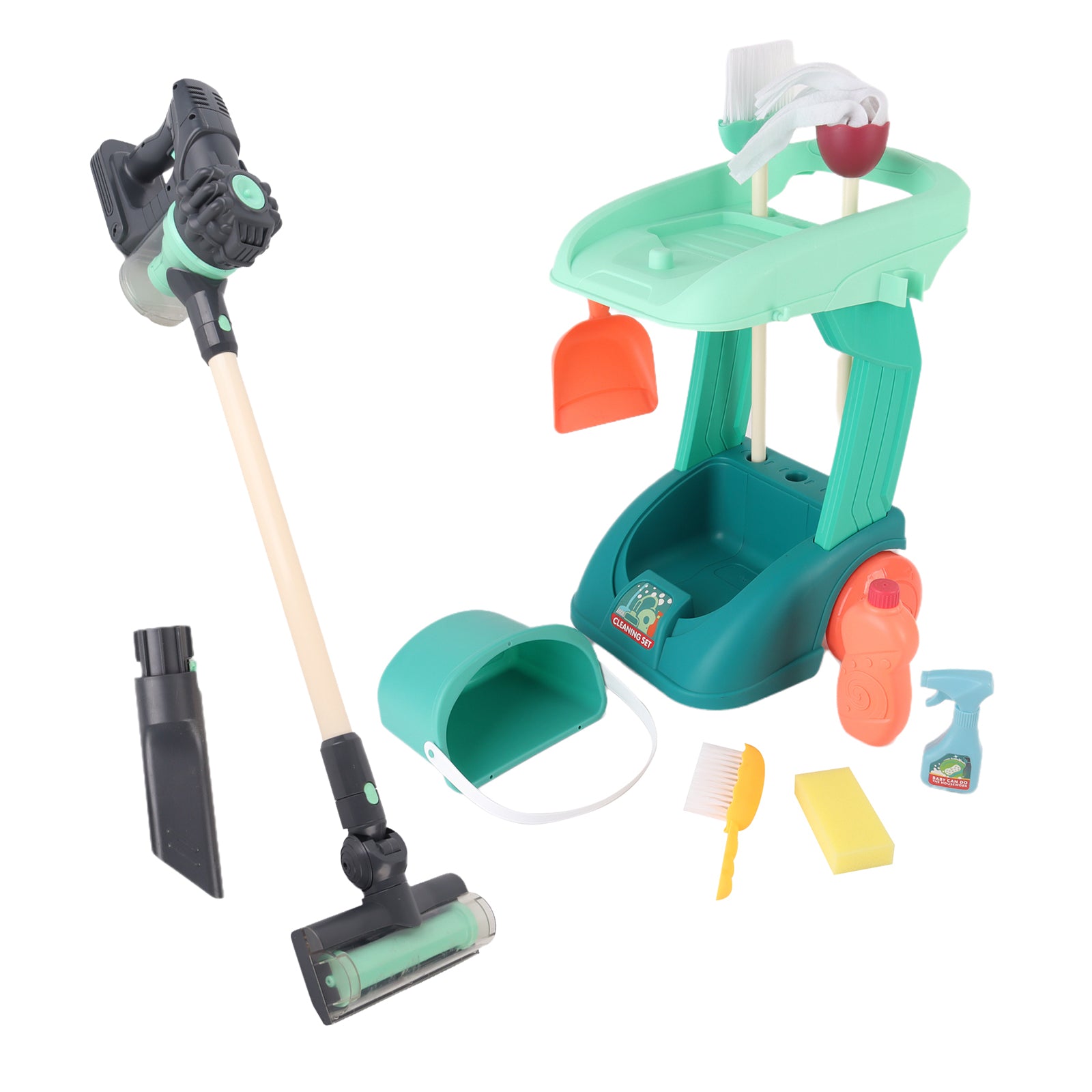 Cleaning Housework Pretend Trolley & Vacuum Toy Mop Brushes Two Play Sets Green