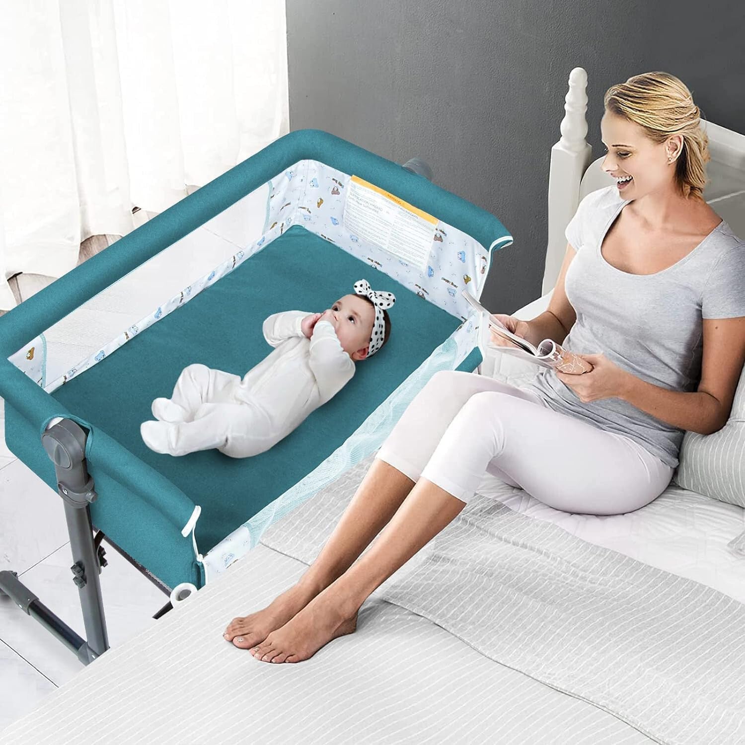 Bedside Crib for Baby Bassinet Sleeper with Wheels, Height Adjustable Tilts