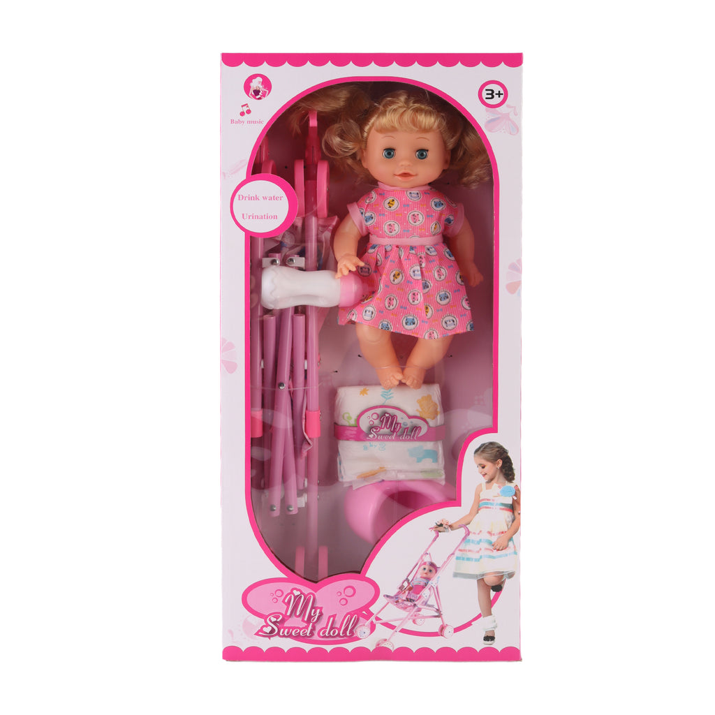 Baby Doll Stroller Set Toy Push Doll Nurturing Pretend Playset Girls Pink 14"