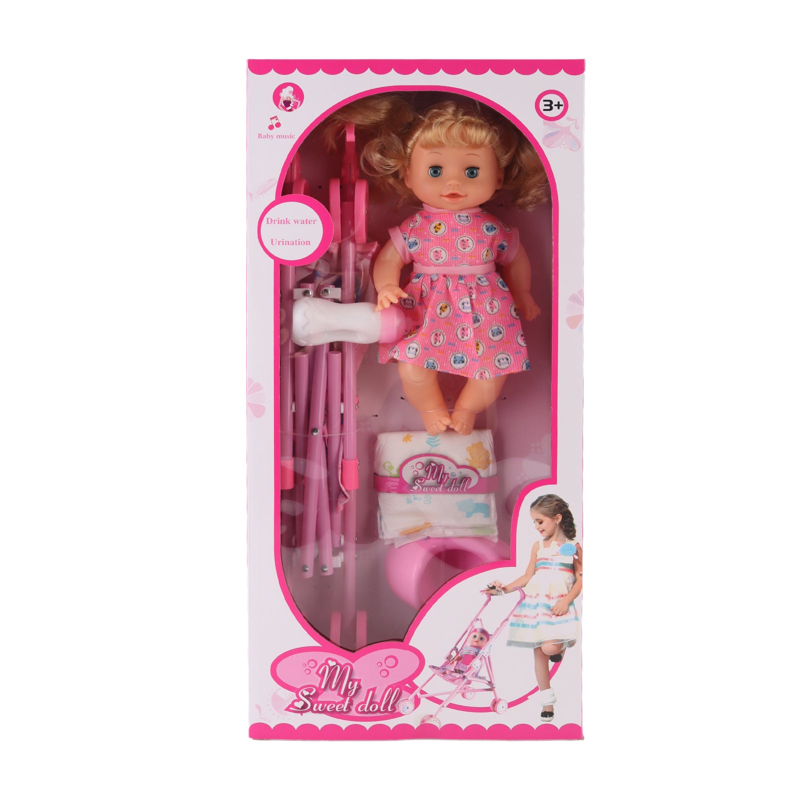 Baby Doll Stroller Set Toy Push Doll Nurturing Pretend Playset Girls Pink 14"
