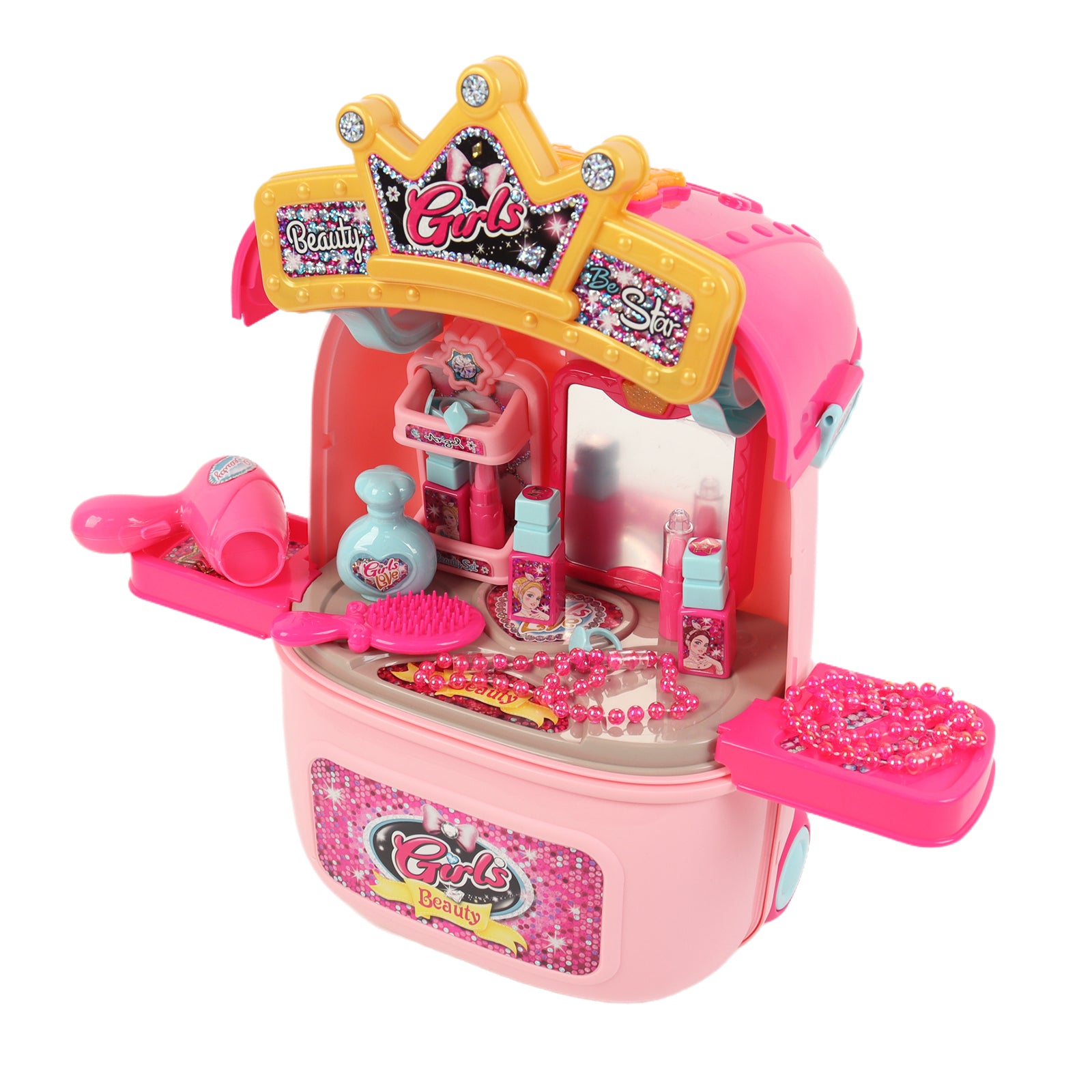 Girls 2in1 Table Vanity Mirror Portable Rolling Case Set Pretend Play Toy Pink