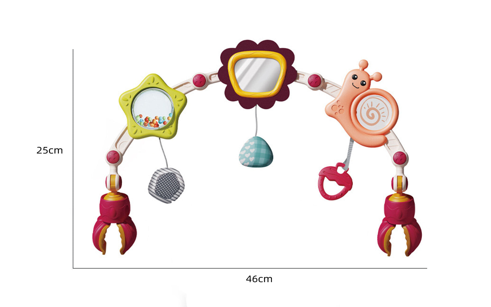 Baby Pram Play Arch Toy - Clip on Cot Activity Bar for Babies with Rattle Mirror