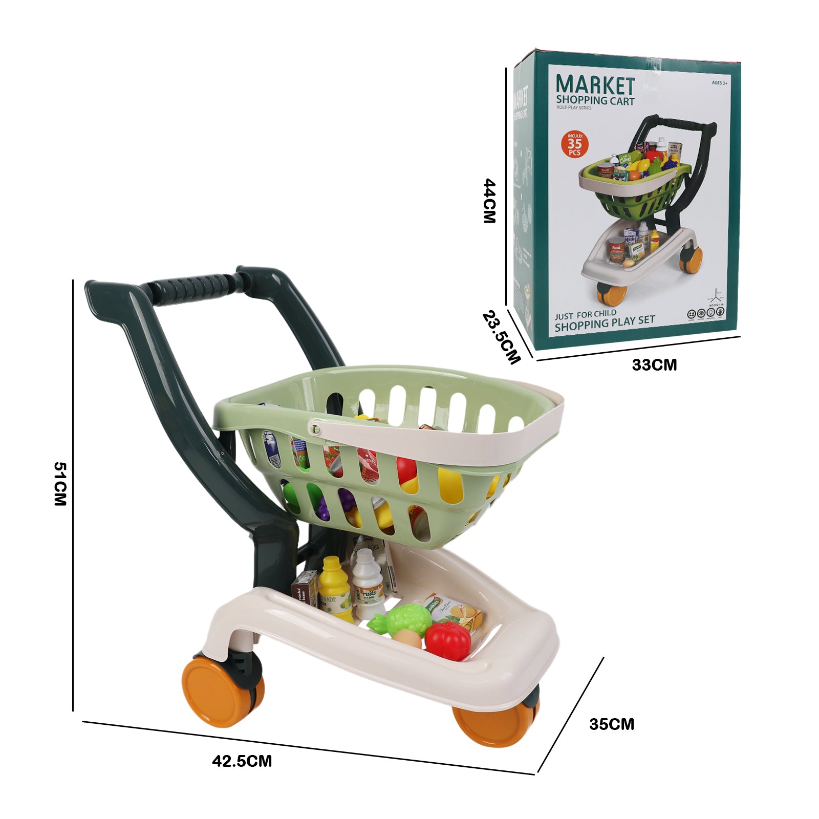 Kids Supermarket Grocery Cart Trolley Pretend Toy Set With Products 35 Pcs Green
