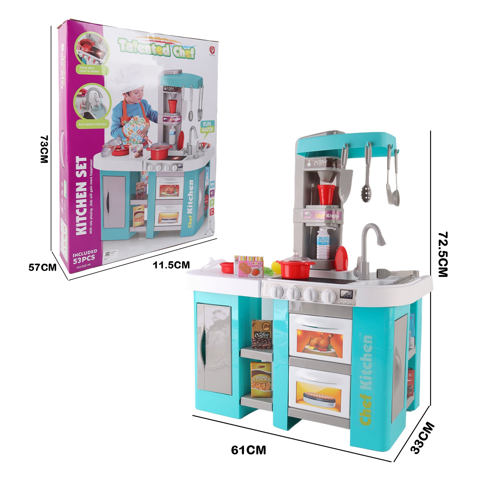 Kids Pretend Play Kitchen Set with Light & Sound Effects 53 Pieces