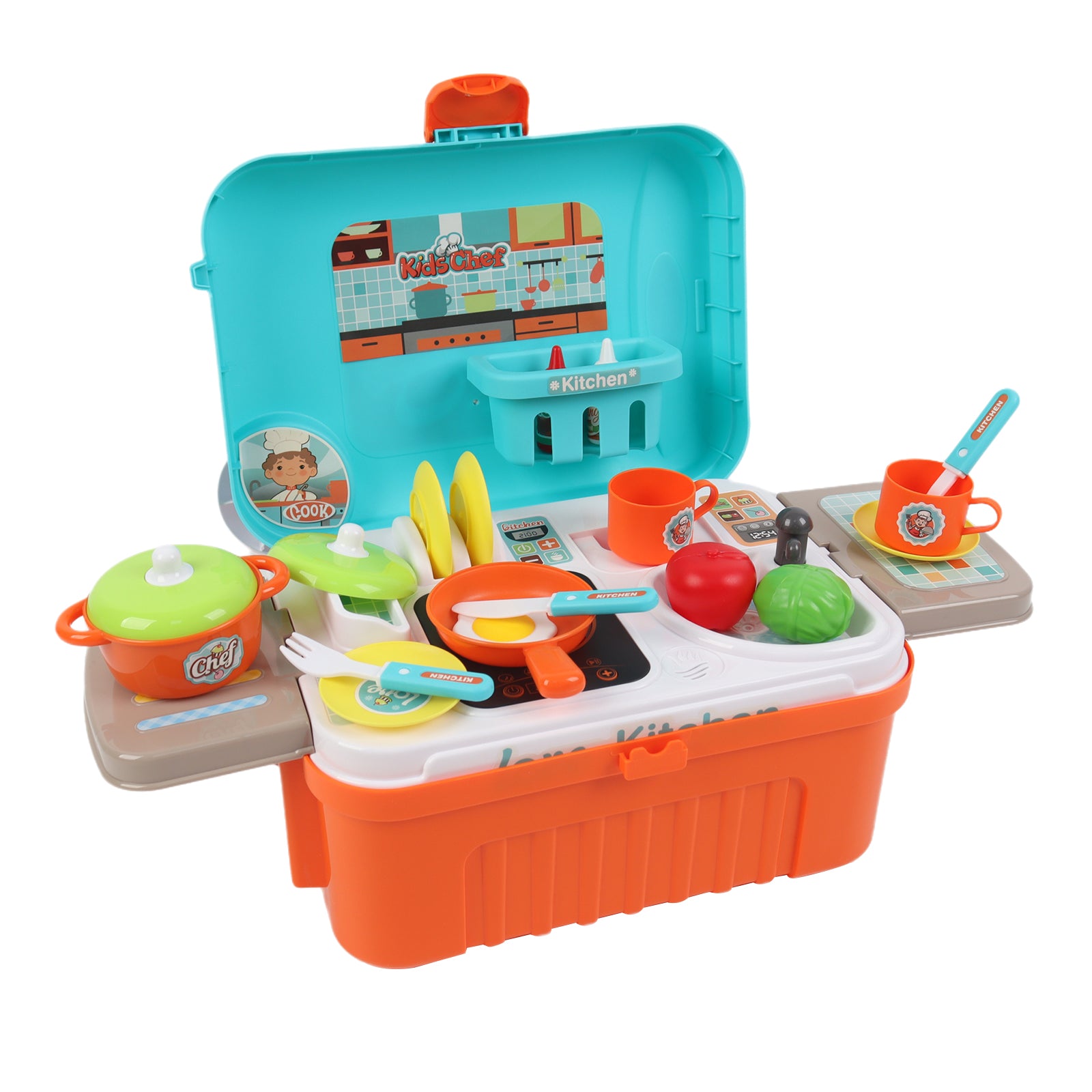 3-in-1 Kids Pretend Kitchen Cooking Toy Portable Storage Suitcase Role Play