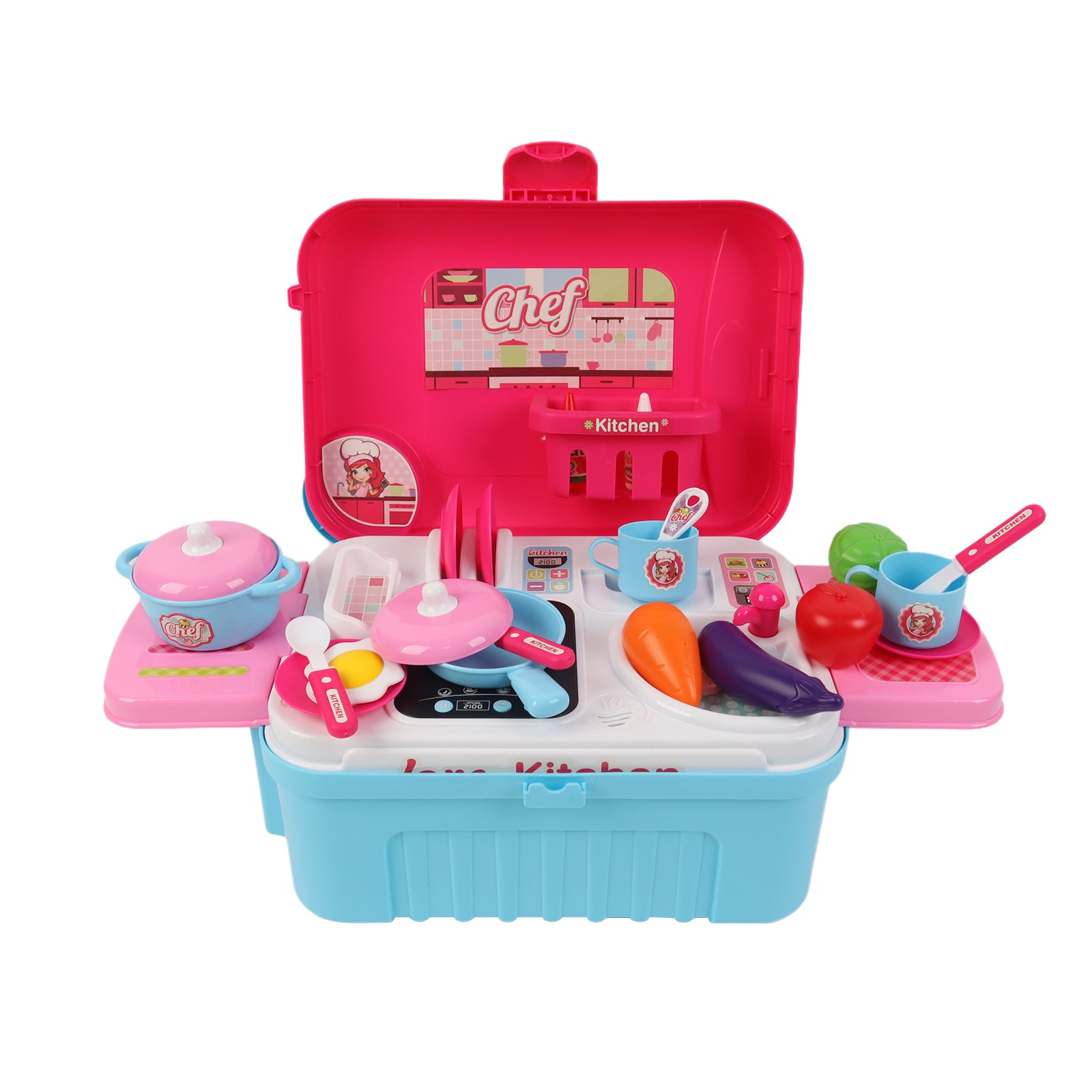 3-in-1 Kids Pretend Kitchen Cooking Toy Portable Storage Suitcase Role Play