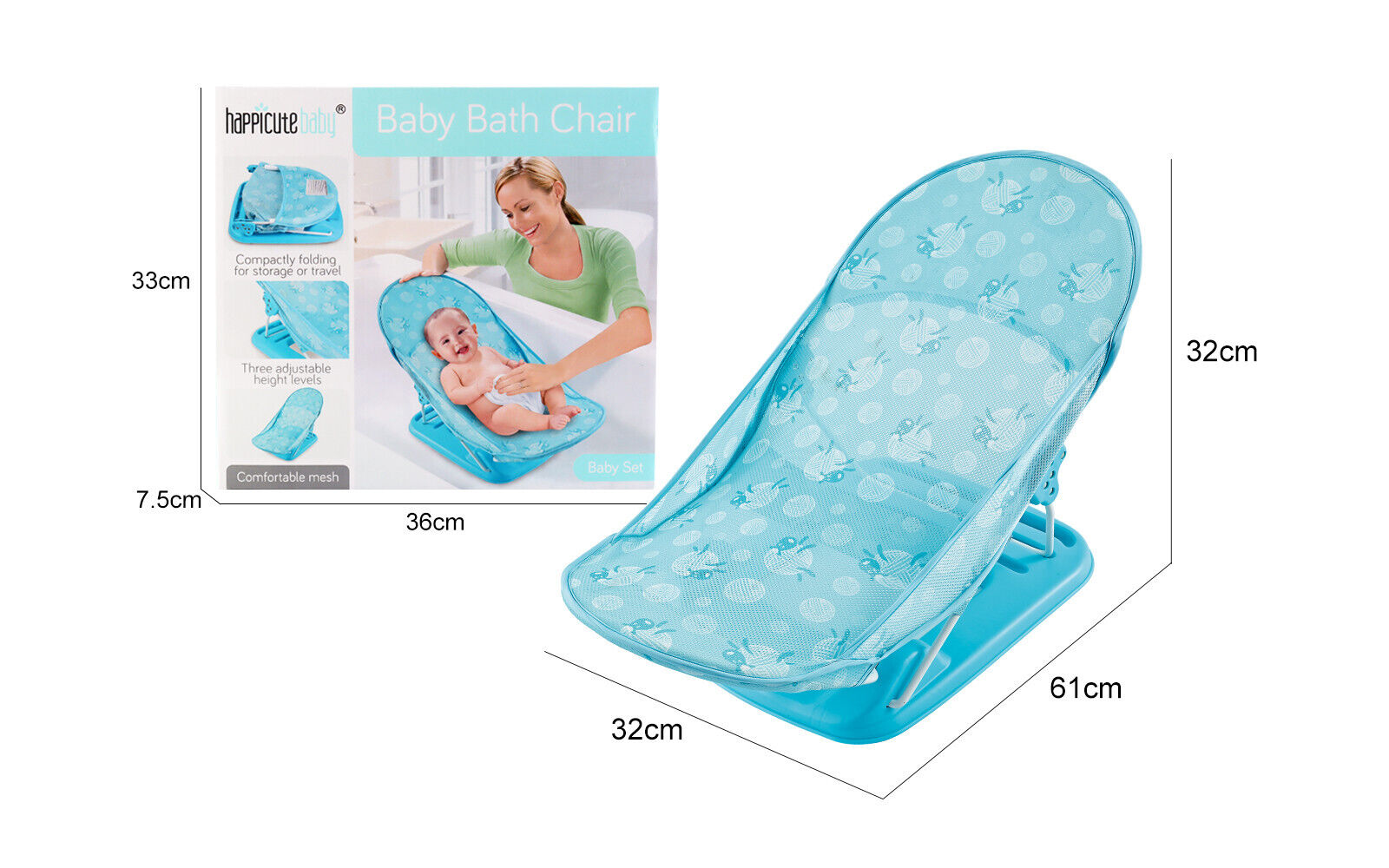 Baby Infant Bath Support Seat Foldable Adjustable Travel Baby Bather 0-12 Months (Blue)