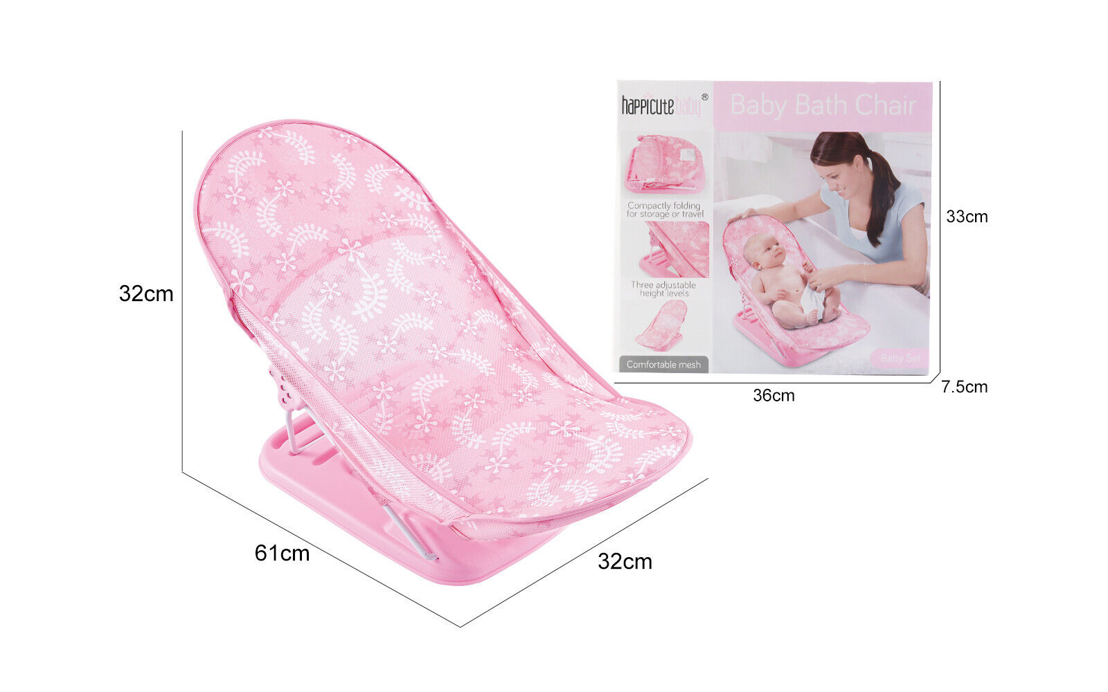 Baby Infant Bath Support Seat Foldable Adjustable Travel Baby Bather 0-12 Months (Pink)