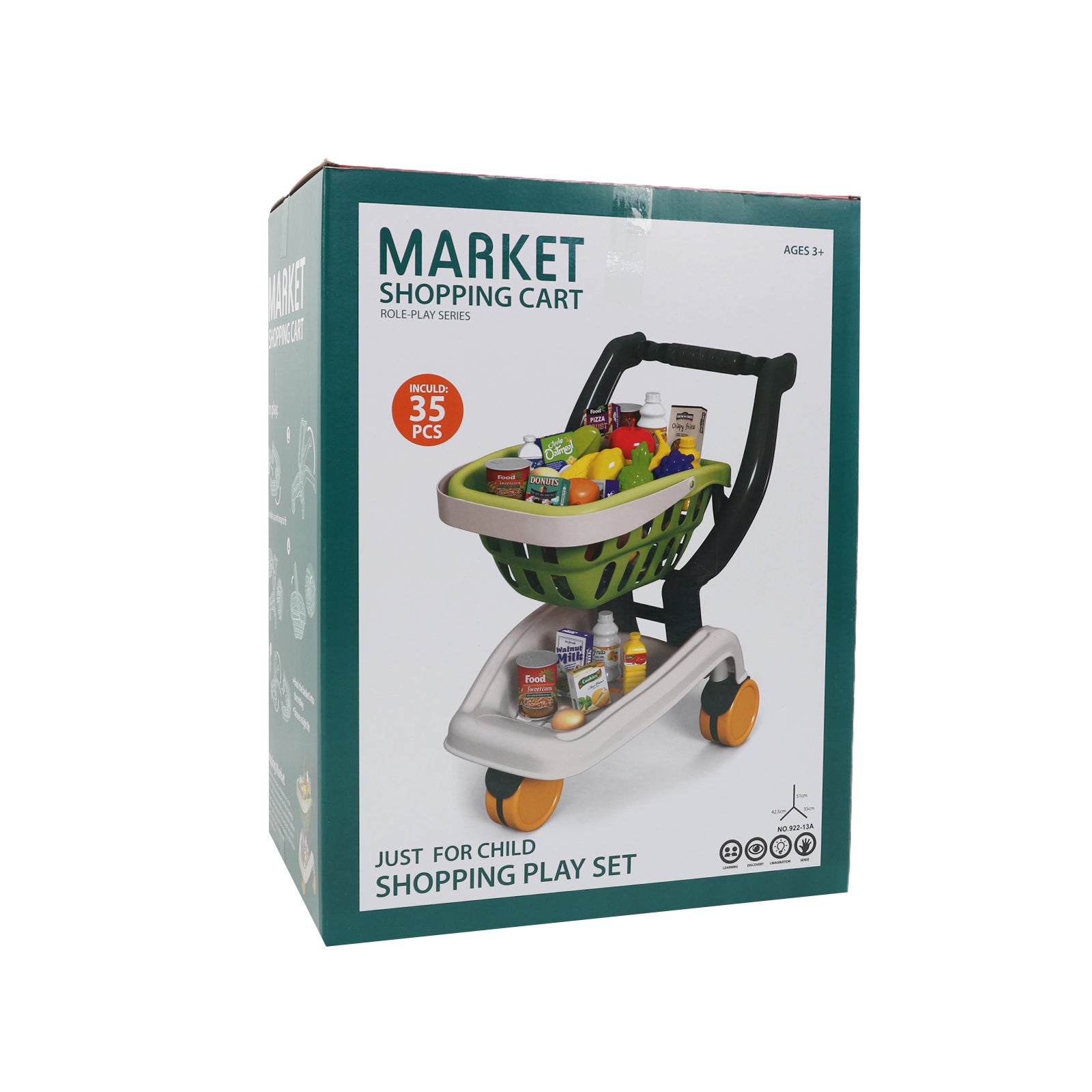 Kids Supermarket Grocery Cart Trolley Pretend Toy Set With Products 35 Pcs Green