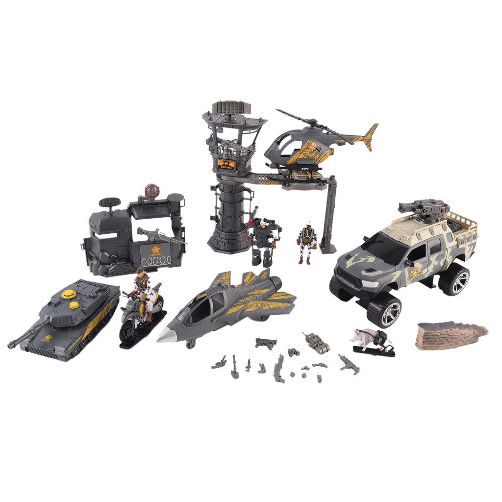 Military Toy Set With 5 Vehicles & 3 Army Men Figures Base Tower & Guns Included