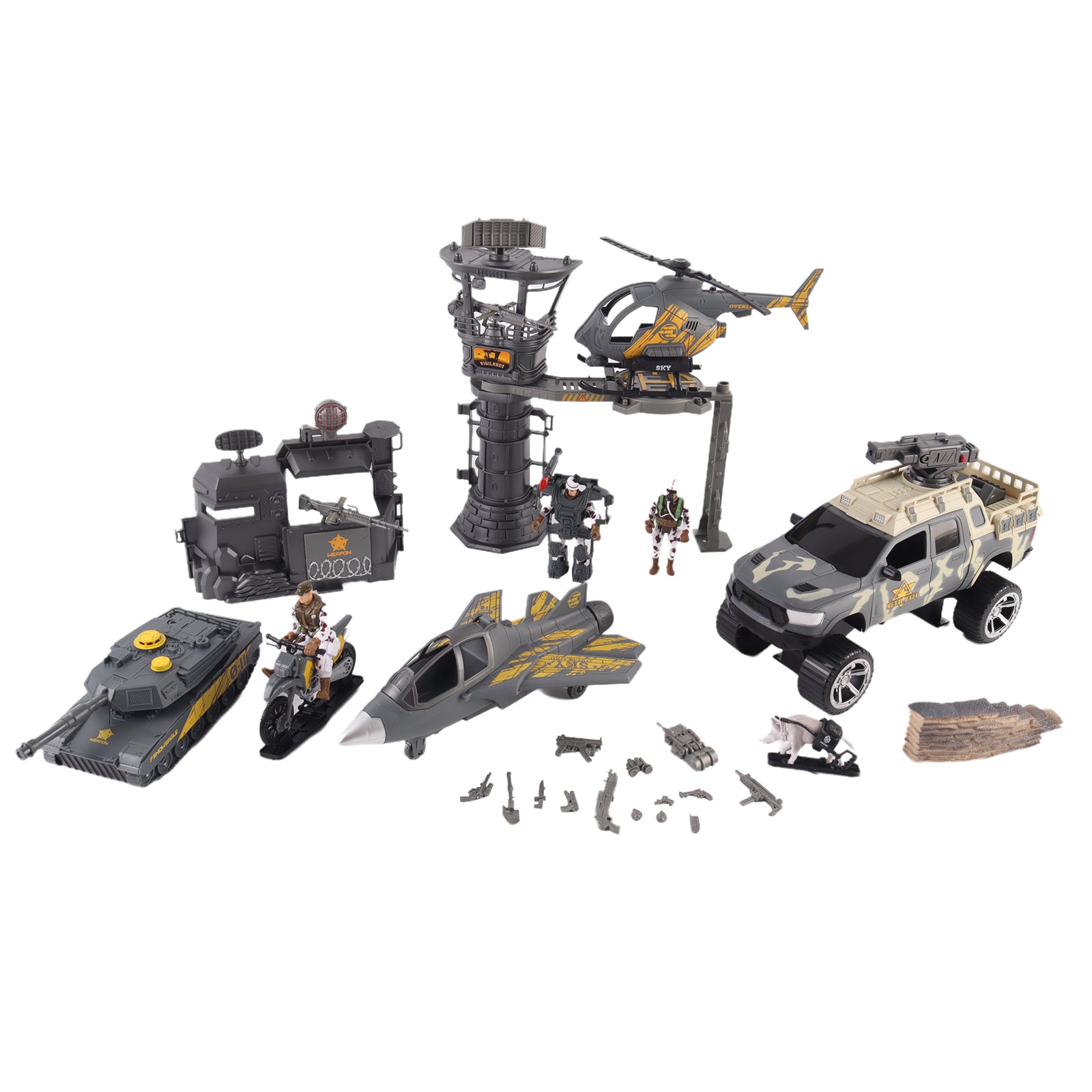Military Toy Set With 5 Vehicles & 3 Army Men Figures Base Tower & Guns Included