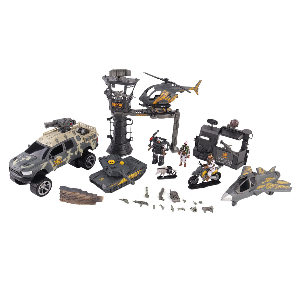 Military Toy Set With 5 Vehicles & 3 Army Men Figures Base Tower & Guns Included