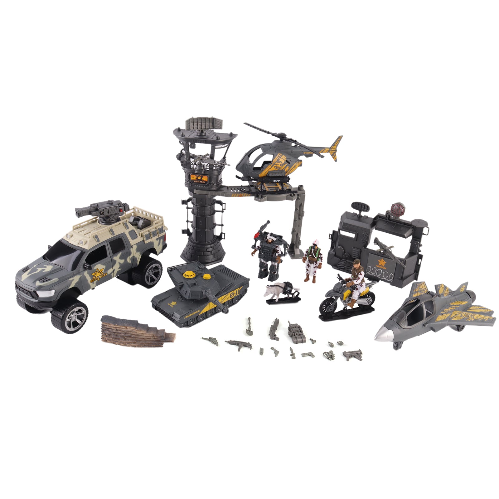 Military Toy Set With 5 Vehicles & 3 Army Men Figures Base Tower & Guns Included
