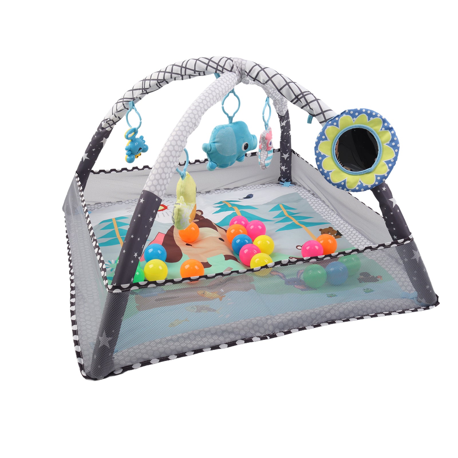 Kids 2 in 1 Foldable Baby Soft Play Floor Mat Activity Gym Fun Ball Pit Grey
