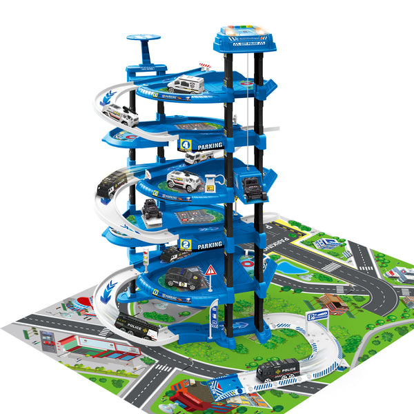 Kids Parking Garage Spiral Track 5 Levels Emergency Service Car Toy Set Play Mat