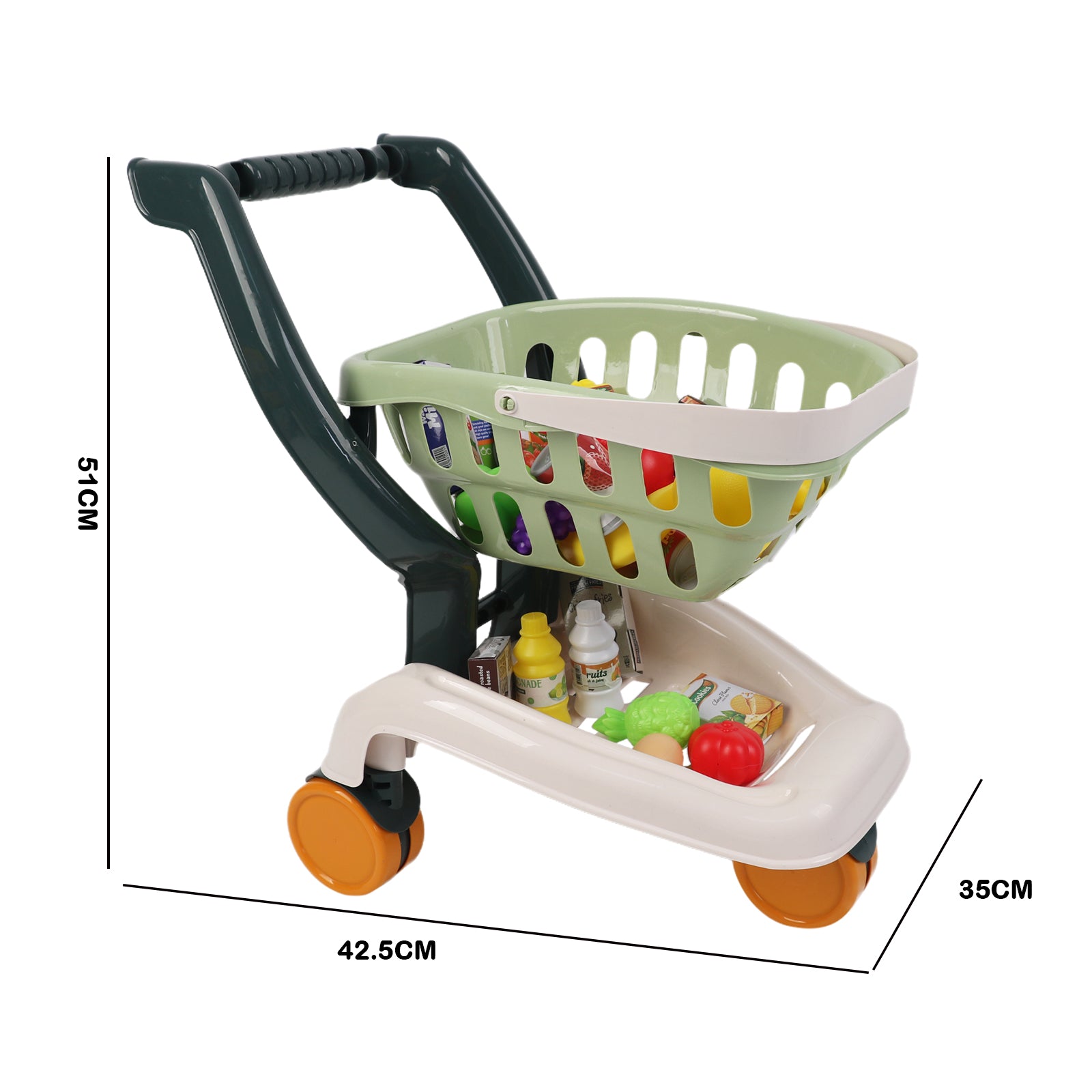 Kids Supermarket Grocery Cart Trolley Pretend Toy Set With Products 35 Pcs Green