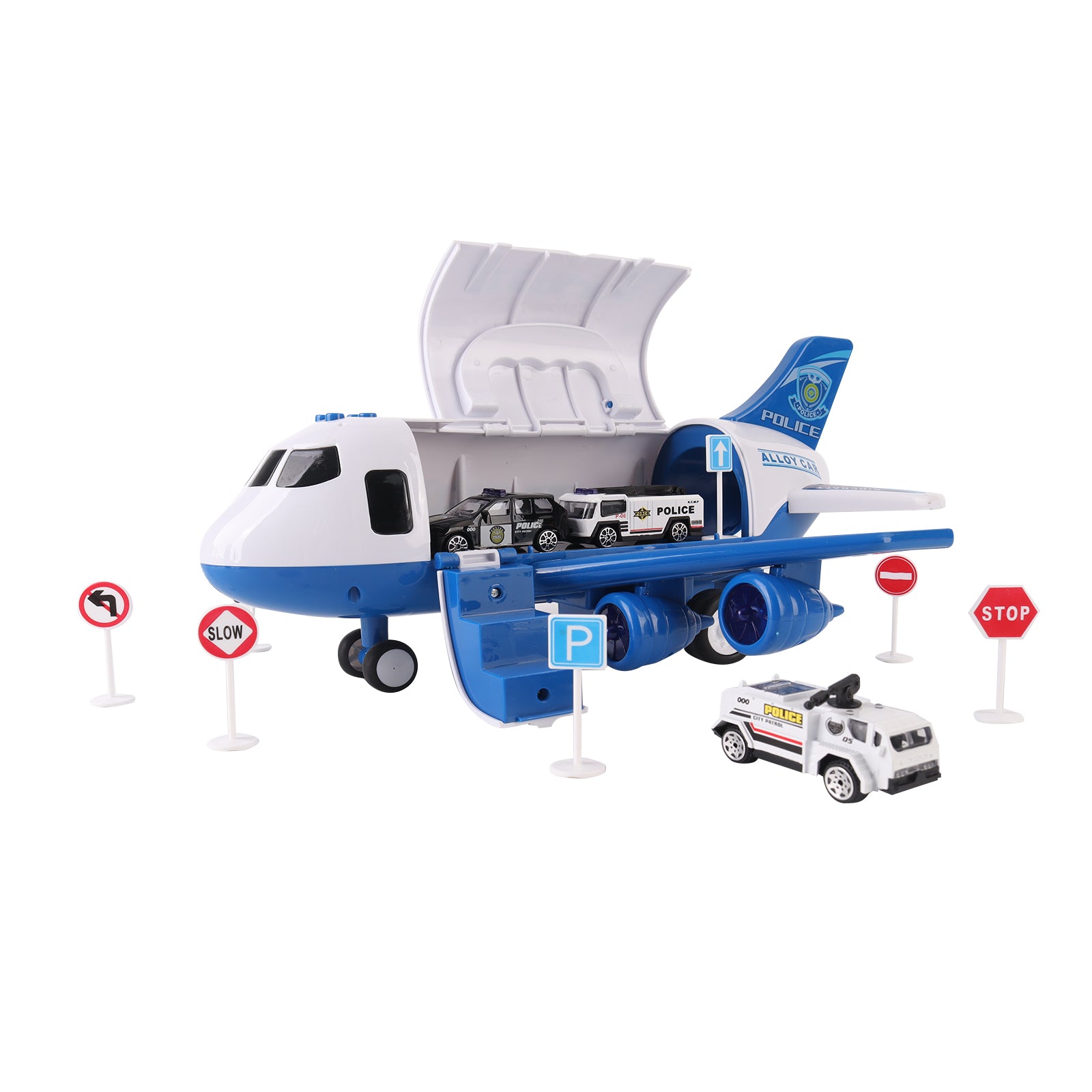 Transport Cargo Airplane Play Set Storage Aircraft Police Cars Trucks Kids Toy