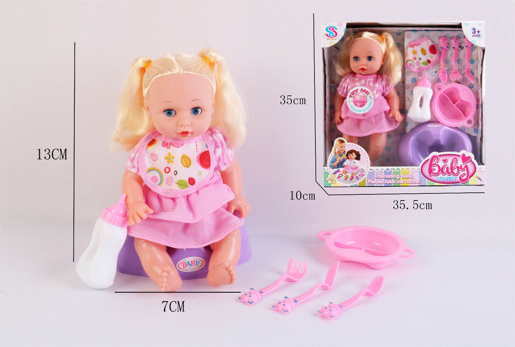 Baby Doll With Feeding Chair Bottle Baby Dish and Cutlery Pretend Play