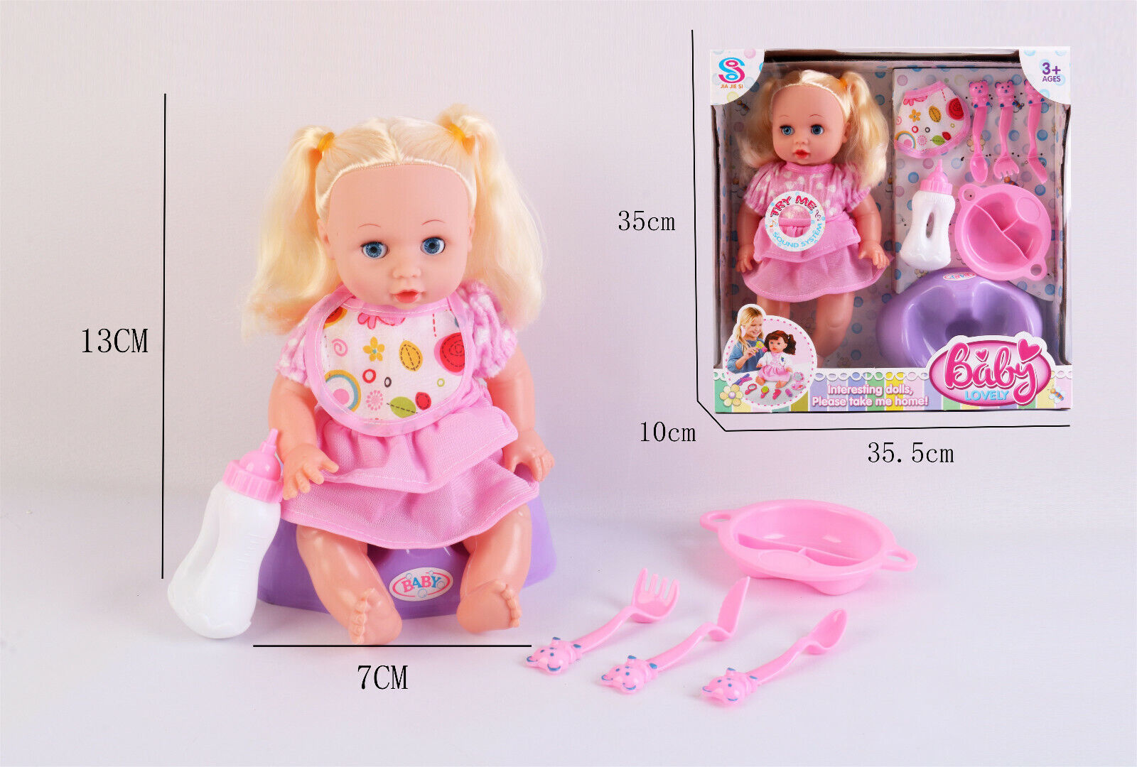 Baby Doll With Feeding Chair Bottle Baby Dish and Cutlery Pretend Play